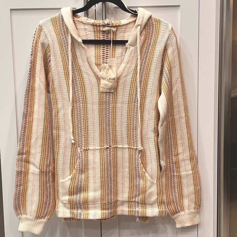 Hem & Thread Pinstripe Pocket Baja Style Knit Hoodie Sweater Sz S